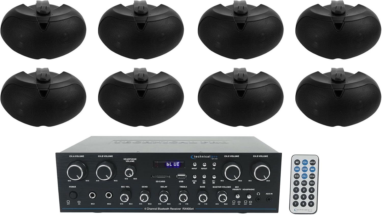 Complete bundle of Technical Pro RX400X4 receiver and eight Rockville D4-8 speakers.