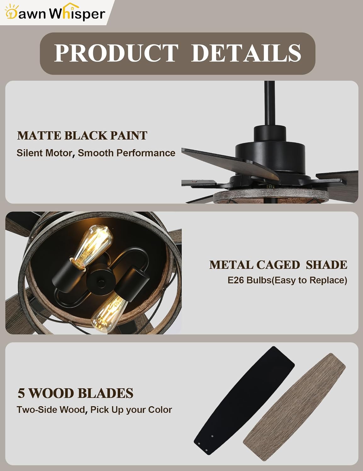 Modern Farmhouse Ceiling Fans with Lights 52 Inch Black Caged Rustic Industrial Chandelier Fan for Bedroom Living Room Reversible Quiet DC Motor 6 Speeds
