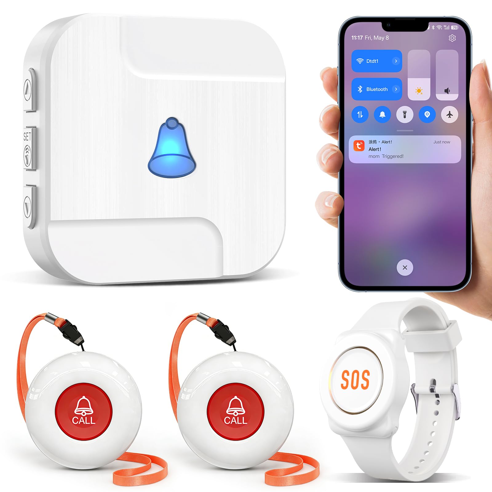 ChunHee Wireless Personal Fall Alarm for Elderly Linked to Phone, IP55 Elderly Alarm Call Button with 1 UK Plug Receiver, Support 2.4GHz WiFi (TY02 3-1)