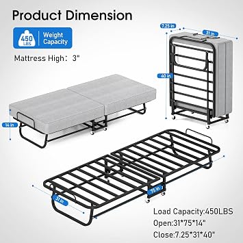 RVONOW Folding Bed with Mattress, Portable Fold Up 79x190cm Bed for Adults, Space Saving Foldable Single Guest Beds on Wheels, 6cm Thick Memory Foam Mattress and Metal Frame