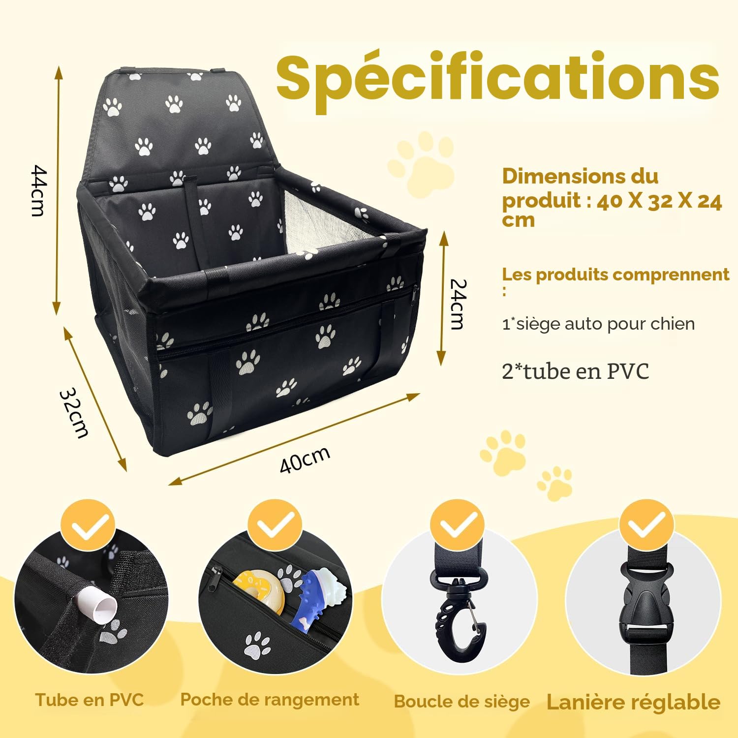 Flagest Panier Chien Voiture Pliable - Siège Auto Chien au Fixation par Crochets Réglables, Respirant et Lavable, Jusqu'à 10 kg