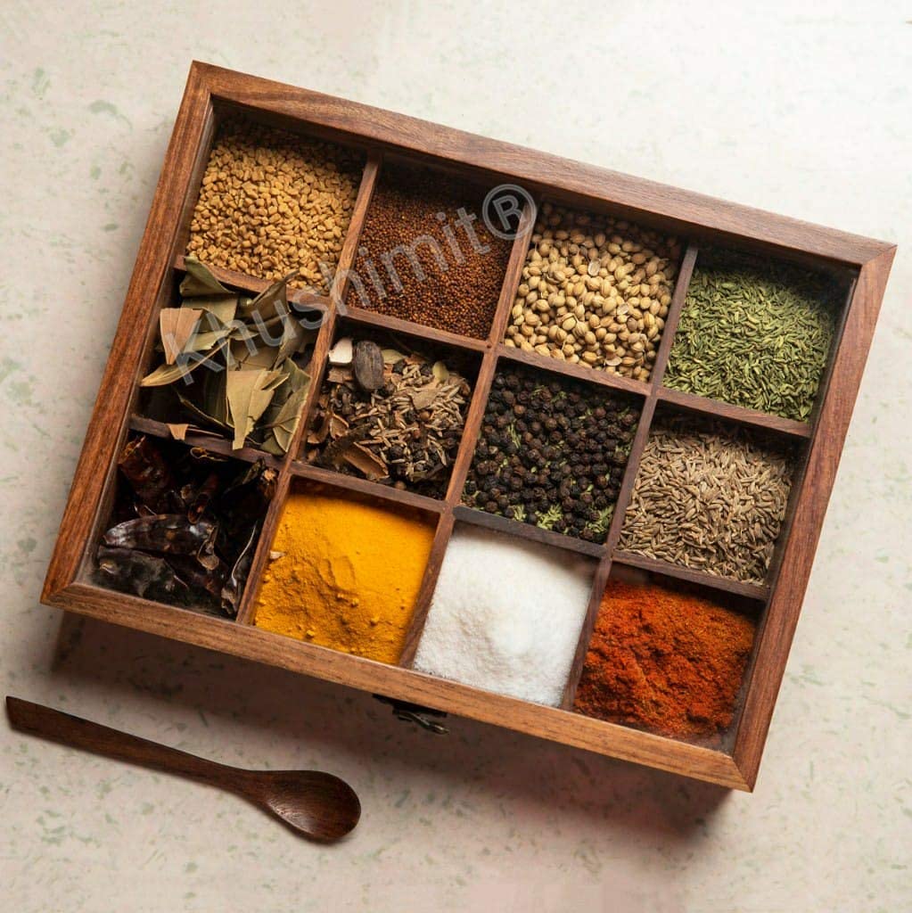 Pure Sheesham Wooden Masala Dabba Spice Box With Glass Lid|Multipurpose Storage Box For Kitchen With Spoon|Antique Look|Explore Your Kitchen With Nature|Model No. – Km12P09, Brown