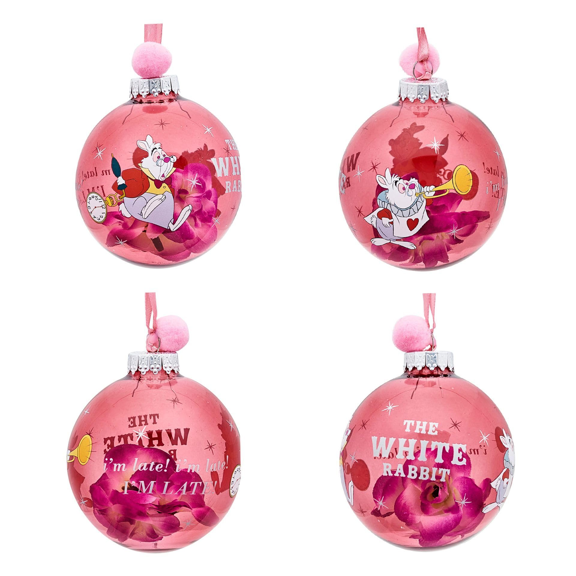 Disney – Lot de 7 boules de Noël – Alice, chat du Cheshire, Chapelier fou, lapin blanc, reine des roses, Tweedle Dee & Dum, Lapin de Pâques – Produit sous licence