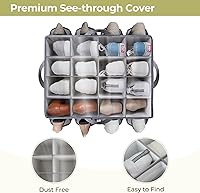 Vista 3 de Shoe Organizer for Closet, Shoe Storage Solution with Clear Cover & Adjustable Dividers, Fabric Shoe Box Fits 16 +8 Pairs Shoes, Grey, 1-Pack