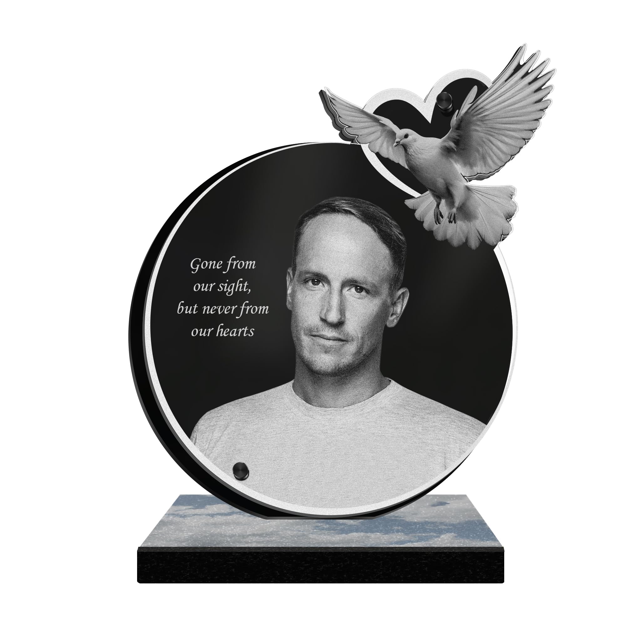 ETERNAL - Personalized Funeral Plaque Heart Dove - Customizable Photo and Text, laser-engraved funeral plaque for tribute, plexiglass, tombstone, mortuary, commemoration