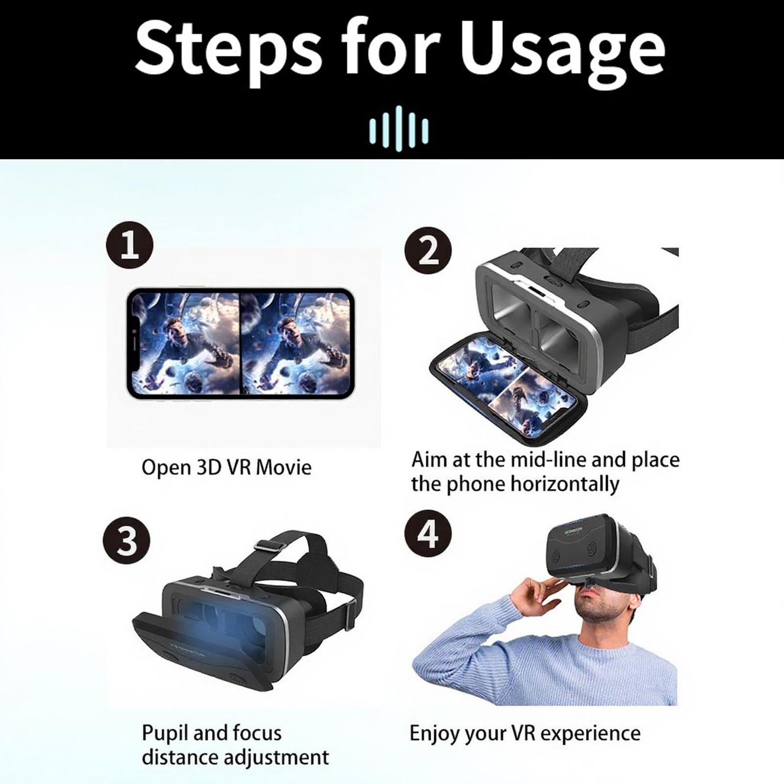 VR Brille Handy, Virtual Reality 3D Brille, Anti-Blaulicht, kompatibel mit iOS und Android 5,0-7,0 Zoll Smartphones (Black)