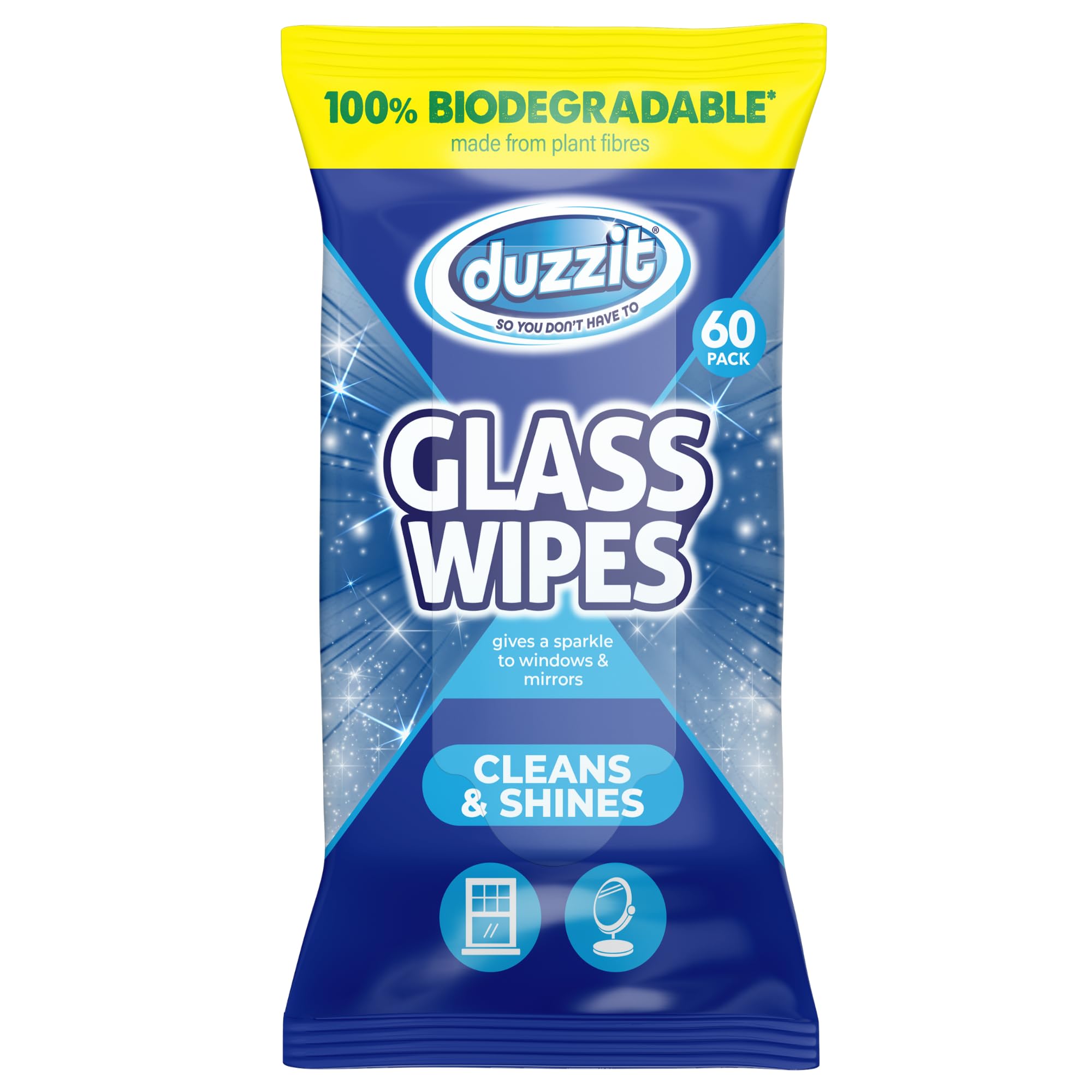 Duzzit Glass Wipes - Cleans & Shines | 100% Biodegradable - Made From Plant Fibres | Suitable for Windows, Glass Objects and Mirrors (60 Biodegradable Wipes)