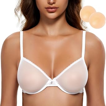 Wingslove Womens Sexy Lace Sheer See Through Bra Unlined Underwire Support Mesh Bras Non Padded with Silicone Nipples