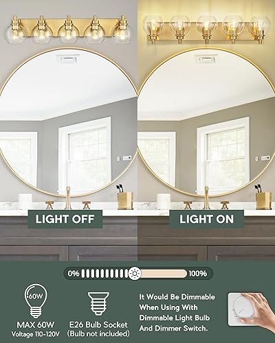 Miniatura 8 de VL195-BG-CL-5 - Lámpara de tocador de baño de 5 luces de oro cepillado, apliques de pared modernos de 32 pulgadas con pantalla de vidrio