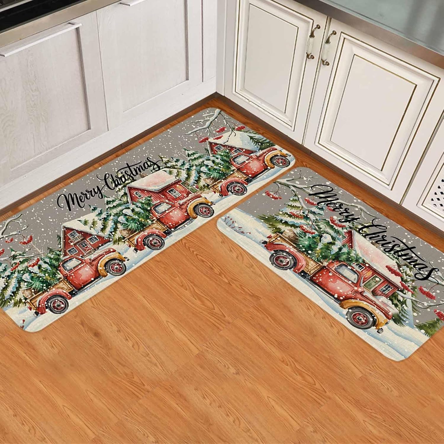 Merry Christmas Kitchen Mats for Floor 2 Piece, Winter Red Truck Pine Chalet Snowflake Non-Slip Kitchen Rugs Grey Runner Rug Set Absorbent Carpets for Kitchen Laundry Room, 15.7"x23.6"+15.7"x47.2"