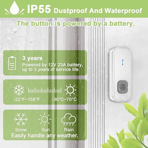 Miniatura 3 de SURFOU Timbre inalámbrico, timbre impermeable, 2 botones pulsadores, 2 receptores enchufables a 1300 pies de largo alcance, timbre de puerta con 55