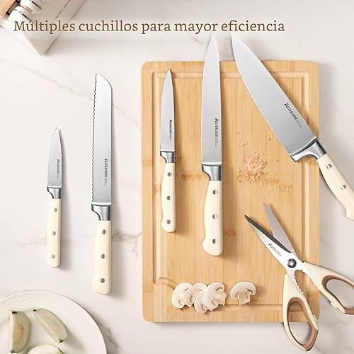 Miniatura 6 de Astercook Juego de cuchillos de cocina con bloque, 14 piezas, cuchillos de acero inoxidable de espiga completa con afilador, aptos para lavavajillas