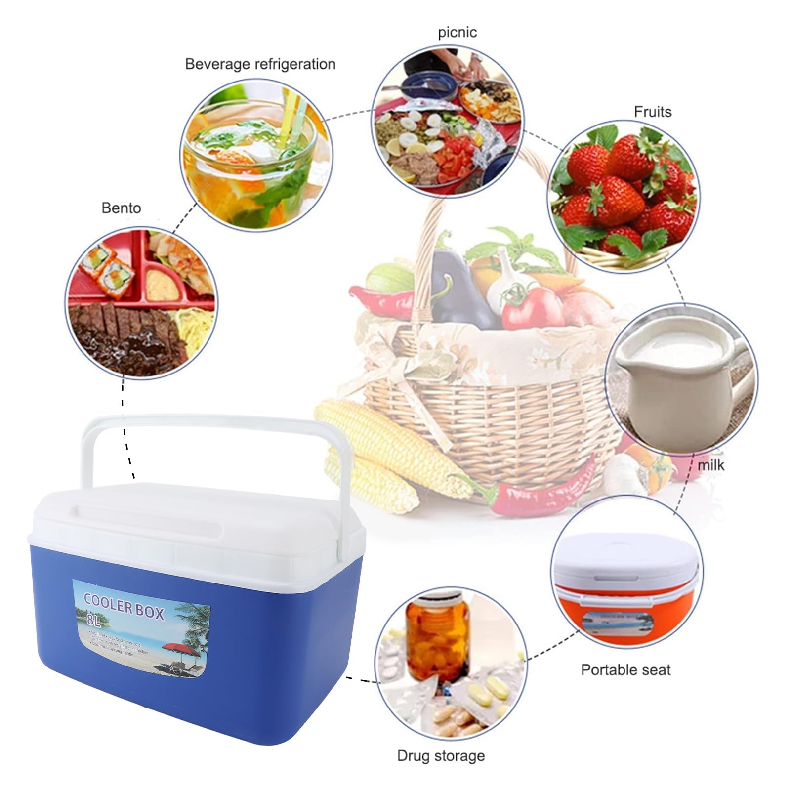 Tbest Glacière Rigide Isotherme Portable de 8 L pour Le Camping, Les Pique-niques, la Pêche à la Plage – Glacière étanche de Grande capacité avec Poignée pour Aliments et Boissons
