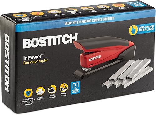 Miniatura 8 de Bostitch - Engrapadora con grapas - Engrapadora roja InPower - Engrapadora con resorte con 1260 grapas - Removedor de grapas integrado -