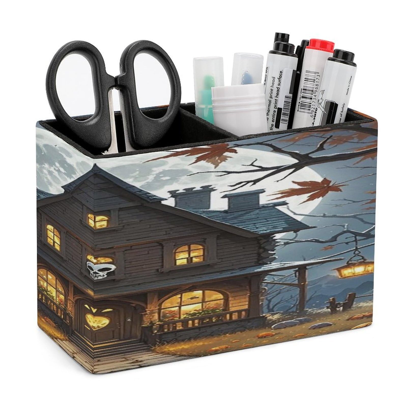 LZQPOEAS Skull Castle Leather Pen Holder with 2 Compartments Luxury Pencil Holder Minimalist Pencil Cup Brush Scissor Holders Elegant Pen Cup for Office Home Desk Accessories