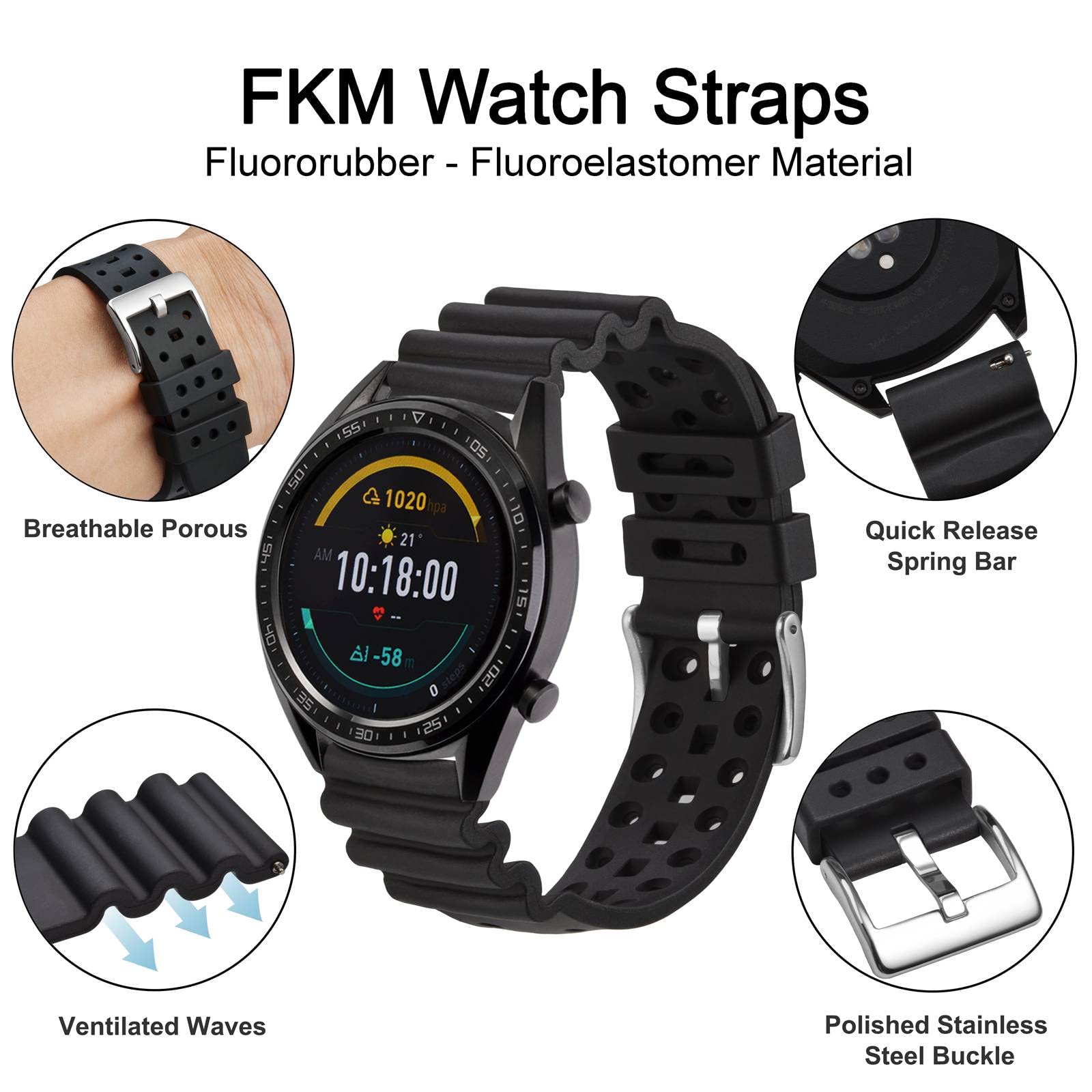 WOCCI Wentylowane paski do zegarków FKM Fluororubber (nie silikonowe) z klamrą ze stali nierdzewnej, wymienne paski do szybkiego uwalniania 18mm 20mm 22mm 24mm