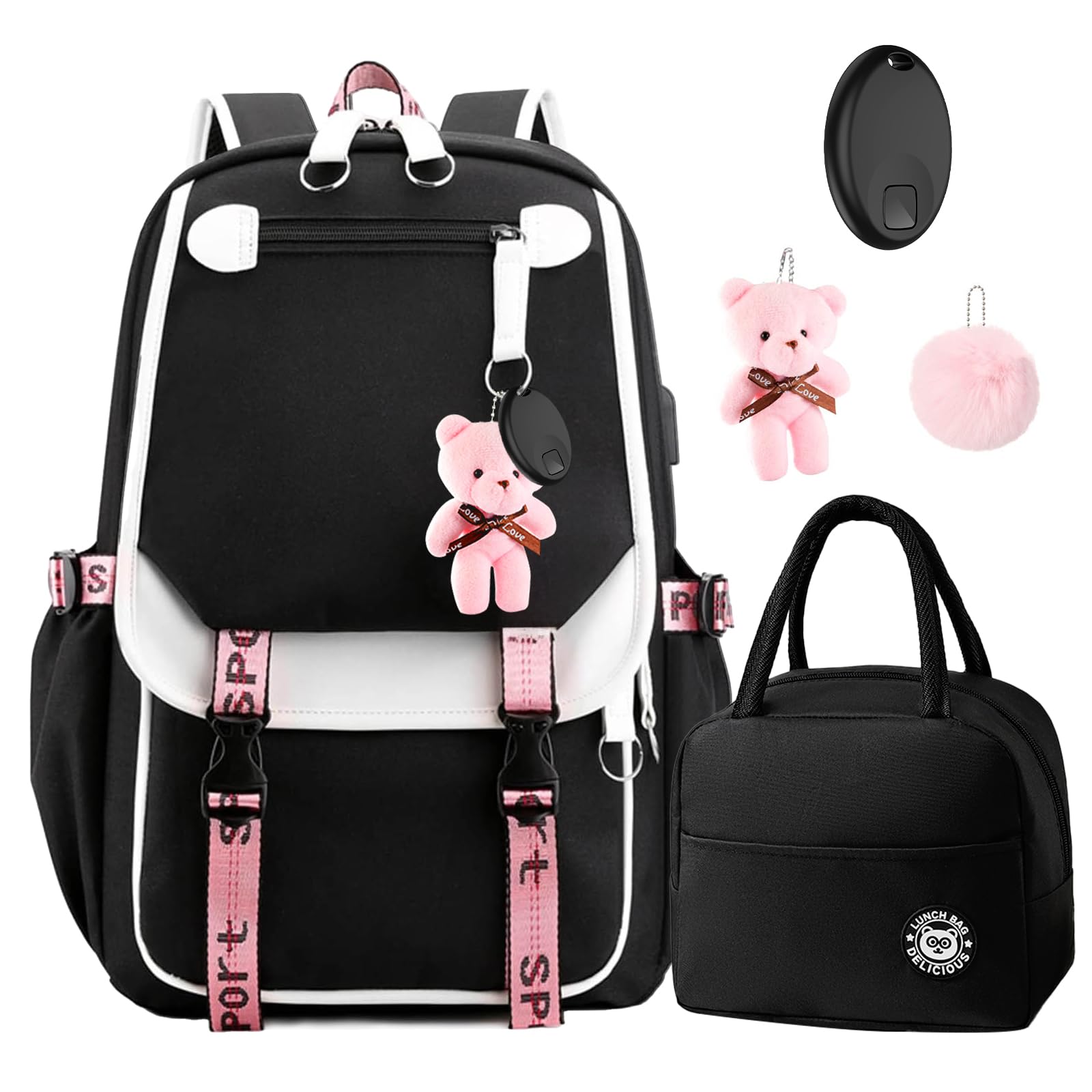 Girls Backpack with Air Tracker Tag iOS Only Middle School Students Bookbag with Lunch Box Set School Backpack