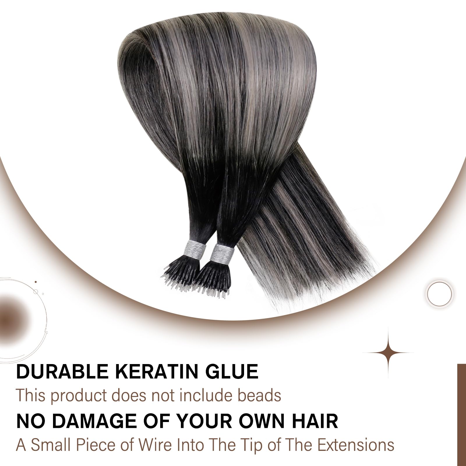 Hetto Nano Hair Extensions Real Human Hair Black Ombre Silver 18 Inch, Invisible Nano Beads Hair Extension - Image 3