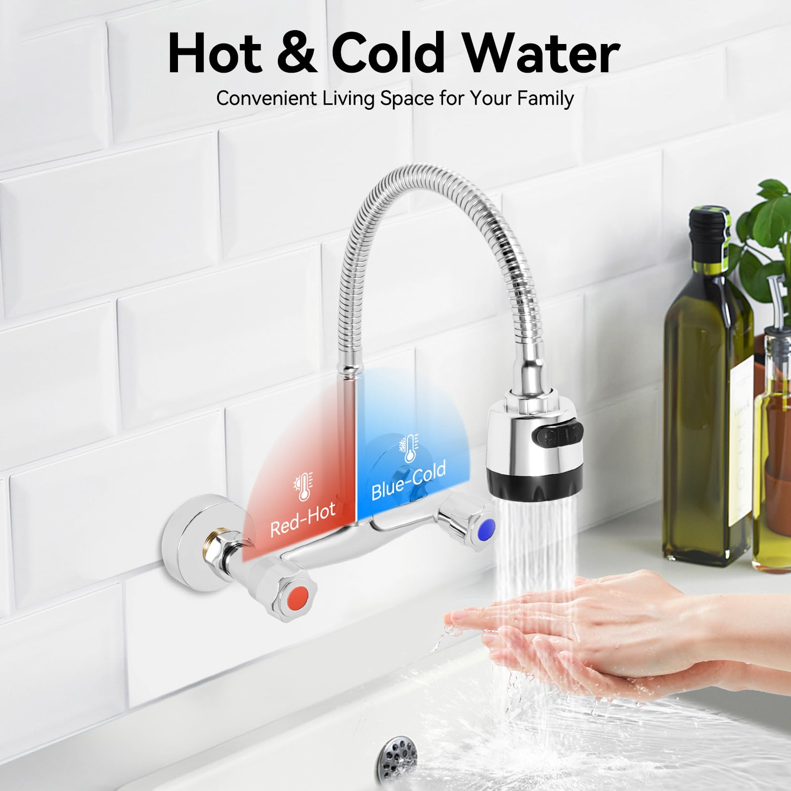 Grifo mezclador de pared cromado con caño de metal largo y flexible, dos modos de chorro de agua ajustables, distancia entre orificios ajustable, 13 – 17 cm, grifo de pared para fregadero de cocina