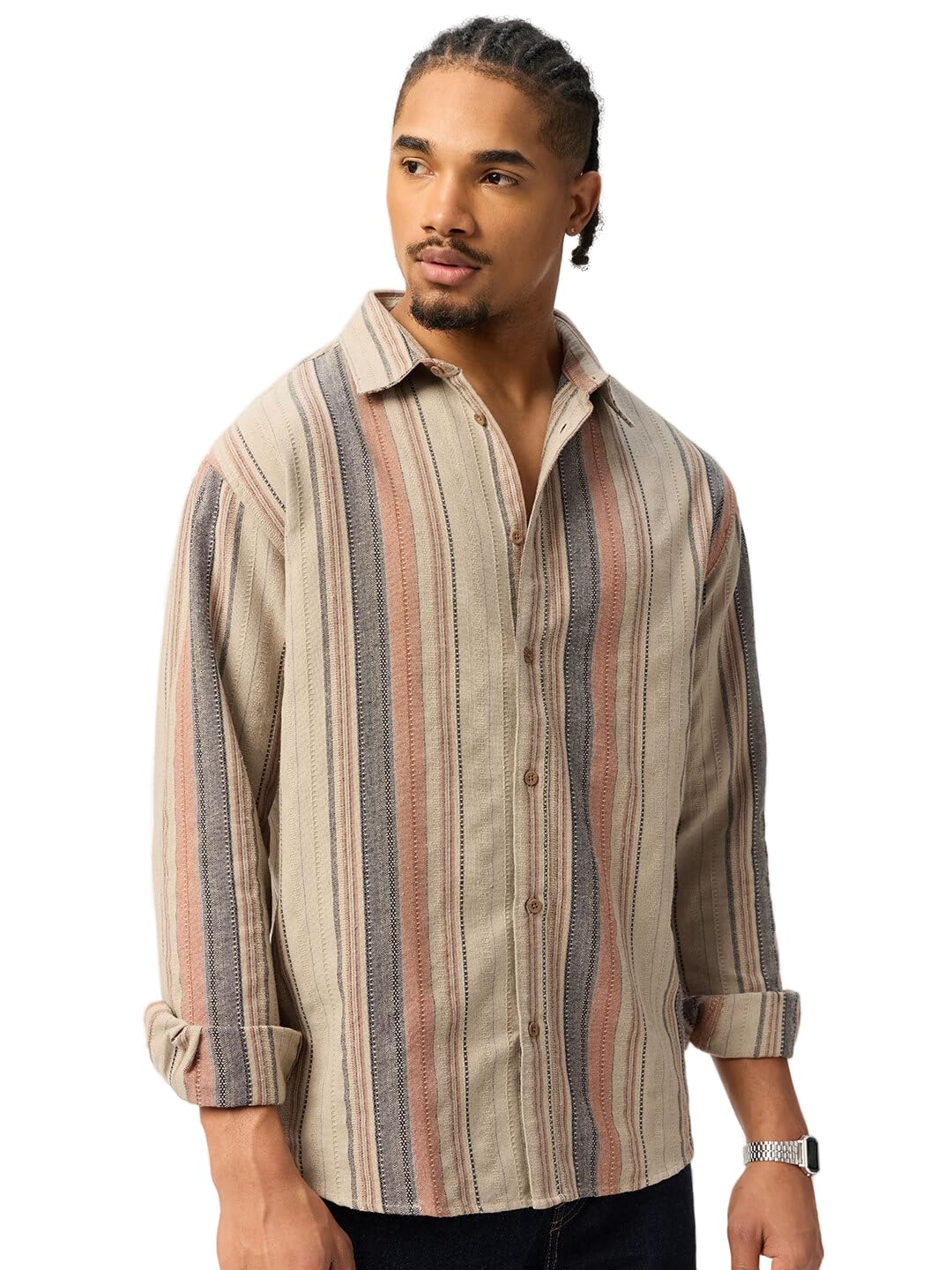 Canyon Men and Boys Long Sleeve Spread Collar Beige Striped Cotton Blend Lightweight Everyday Office Wear Easy to Style Casual Relaxed Shirt-image-2
