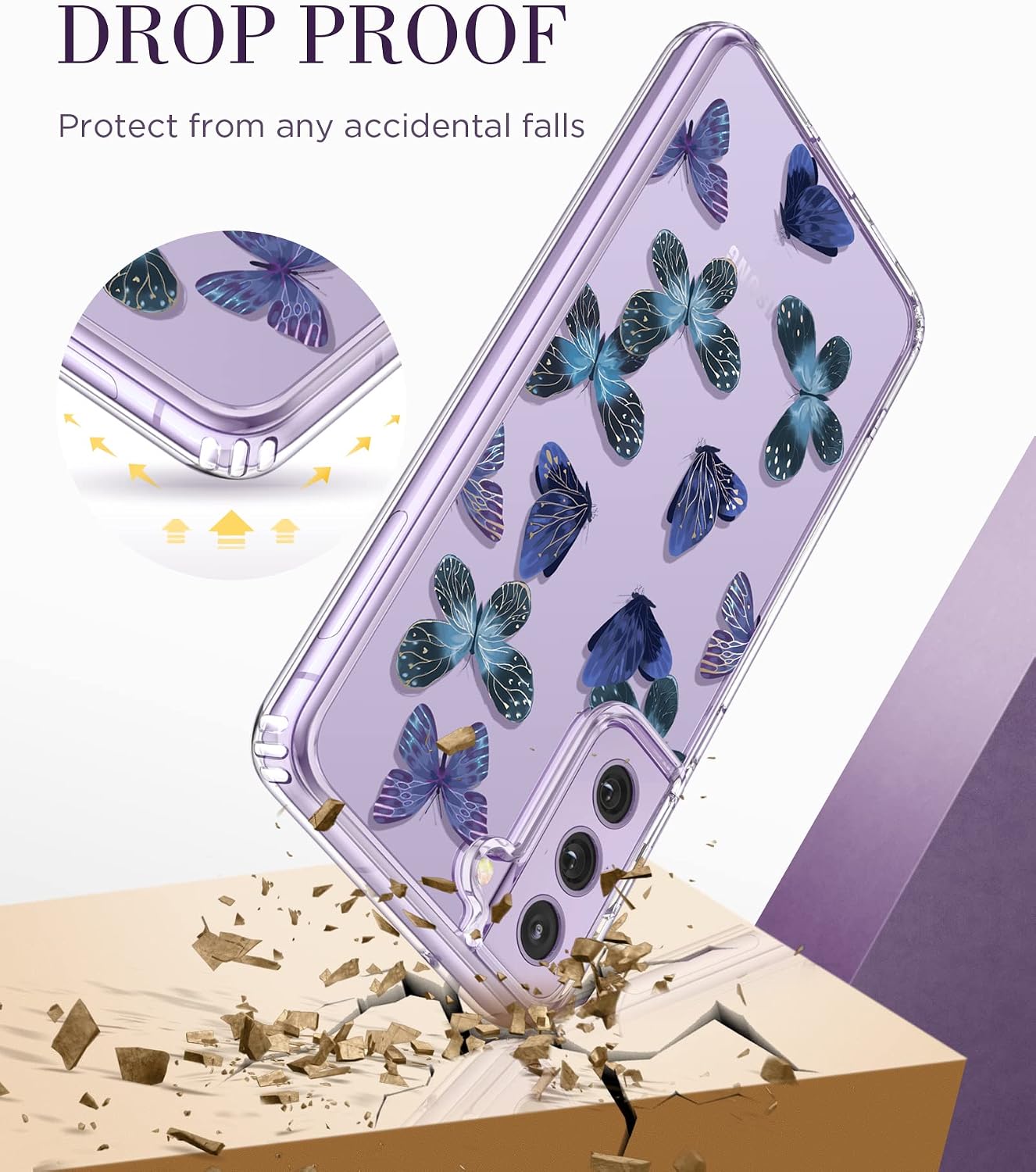 GVIEWIN for Samsung Galaxy S21 FE Case 5G 6.4 Inch(2022 Release), Clear Floral Design, [Not Yellowing] Flower Pattern Hard PC Shockproof Protective Phone Cover for Women Girls (Butterfly Charm)