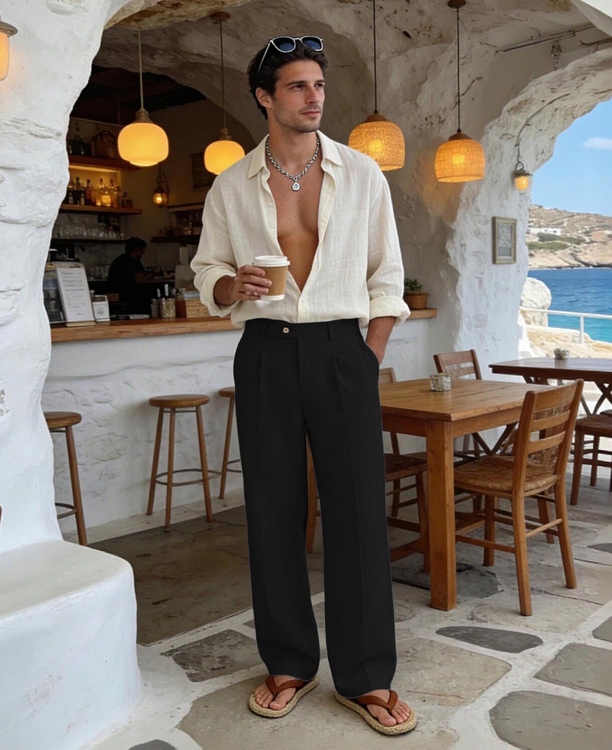 Susclude Mens Linen Casual Dress Pants Old Money Wide Leg Baggy Pleated Slacks Elastic Waist Work Vacation Trousers