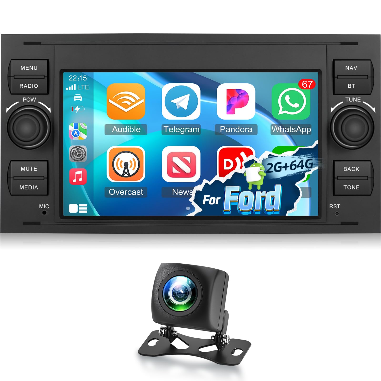 NHOPEEW 2+64G Autoradio per Ford Transit Fiesta Focus Galaxy Mondeo Fusion per Kuga C-Max S-Max Connect con Carplay&Android Auto - 7 pollici Radio Supporto WiFi GPS SWC + Backup Camera&Mic