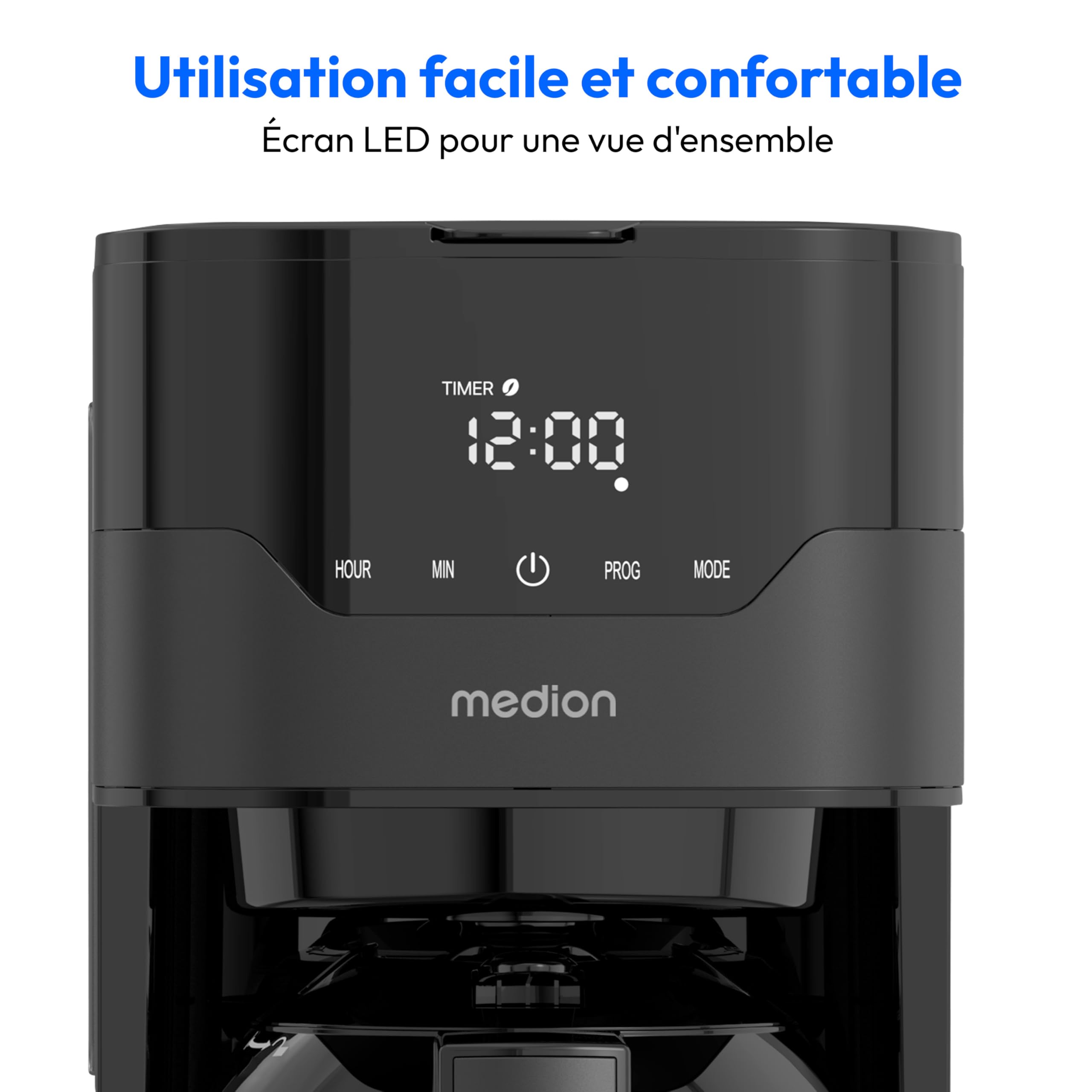 MEDION Cafetière avec verseuse isotherme et minuteur (filtre, 8 tasses, 1,2 L, 900 W, 3 niveaux, maintien au chaud, minuterie, anti-goutte, affichage, MD18458), noir mat