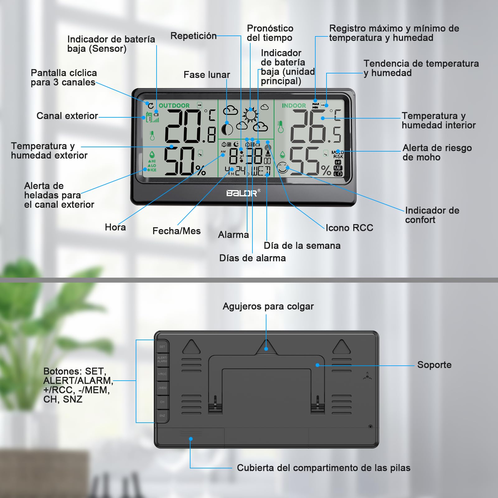 Estacion Meteorologica Inalámbrica, 8.5" Termómetro Higrómetro Barómetro Interior Exterior Reloj Atómico Pronóstico del Tiempo Reloj Digital Alarma Función de Repetición Pantalla de Hora Fecha Día