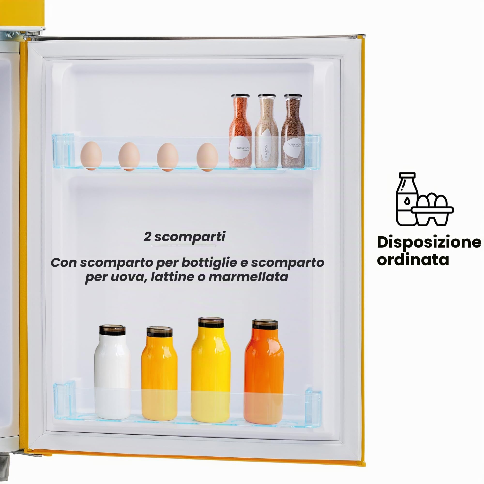 Merax Frigorifero Retrò, Volume di 72 Litri e 21 Litri di Congelatore, Illuminazione LED, 120 kWh/Anno, Disponibile in Giallo [Classe Energetica E]