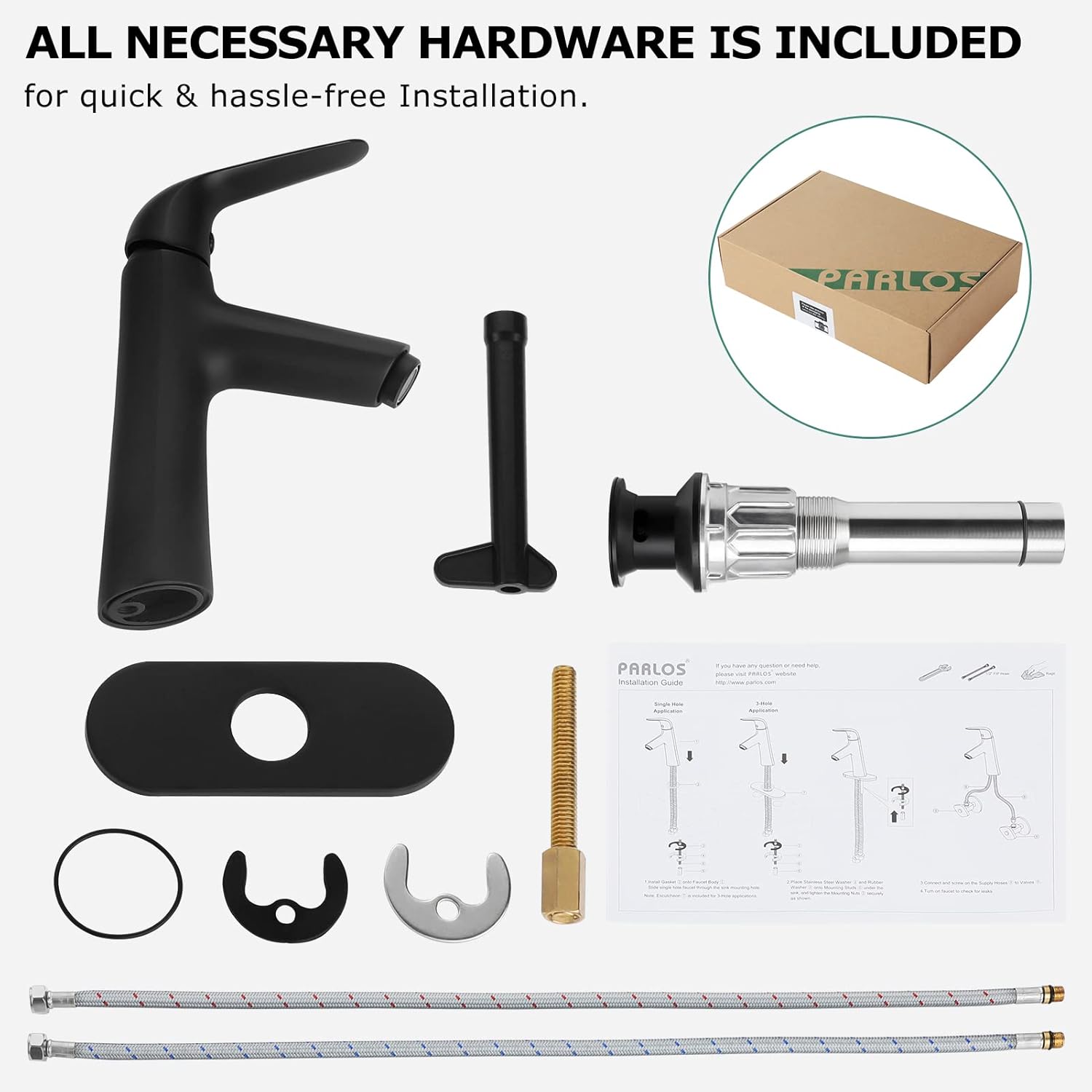 PARLOS Single Handle Bathroom Sink Faucet, Single Hole Vanity Faucet with Pop Up Drain, Deck Plate and Cupc Water Supply Lines, Matte Black, 1339704