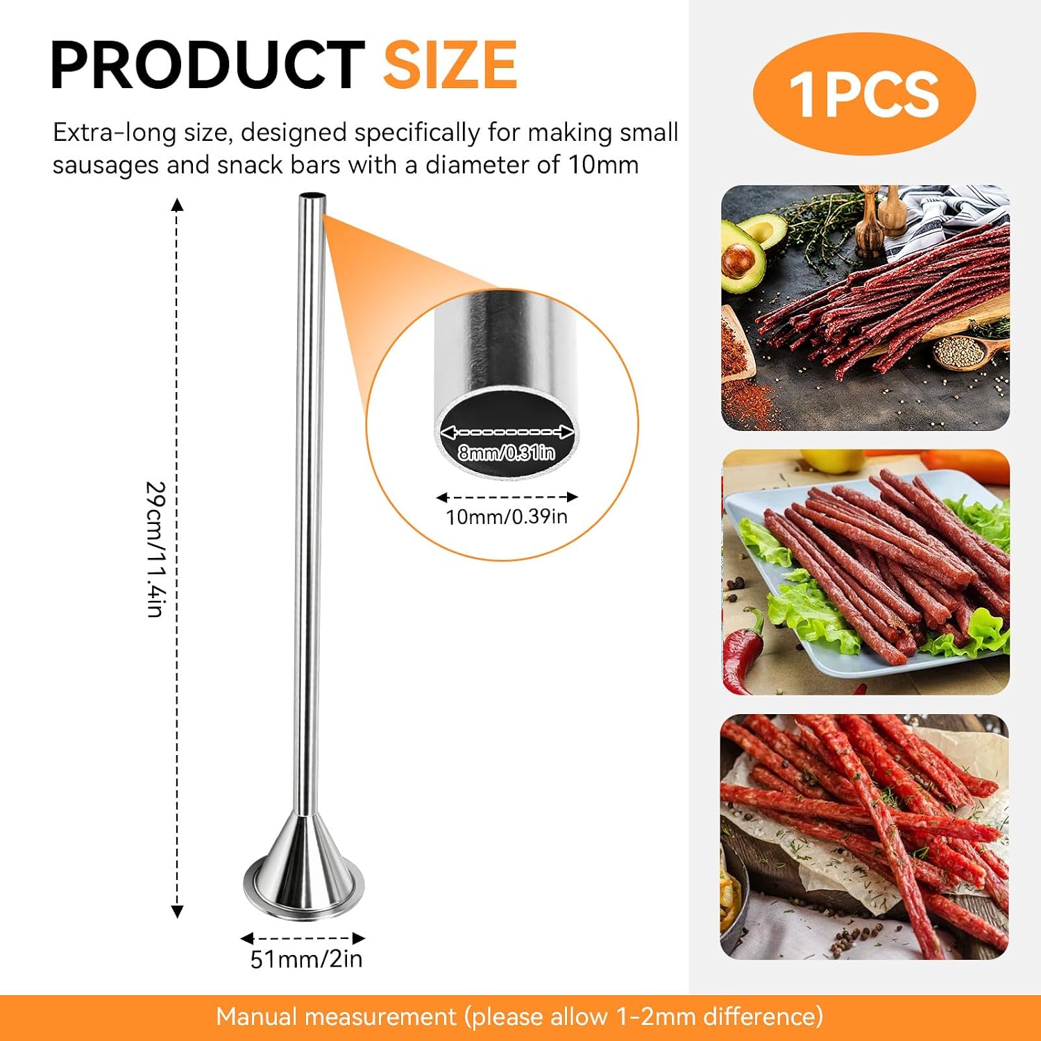 Extended 10mm Stainless Steel Sausage Stuffing Tubes, Snack Stick Casings Tube, Standard 2" Base, 11.4" Long Stuffing Tube, for LEM Cabelas Northern Sausage Stuffer
