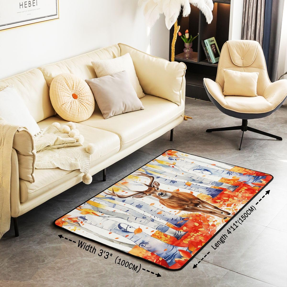 Dywan 3D z jeleniem, 100 x 150 cm, rośliny rolnicze, do sypialni, dywan dla dzieci, nastolatków, akwarela, jesień, motyw do wnętrz, mata do dekoracji domu