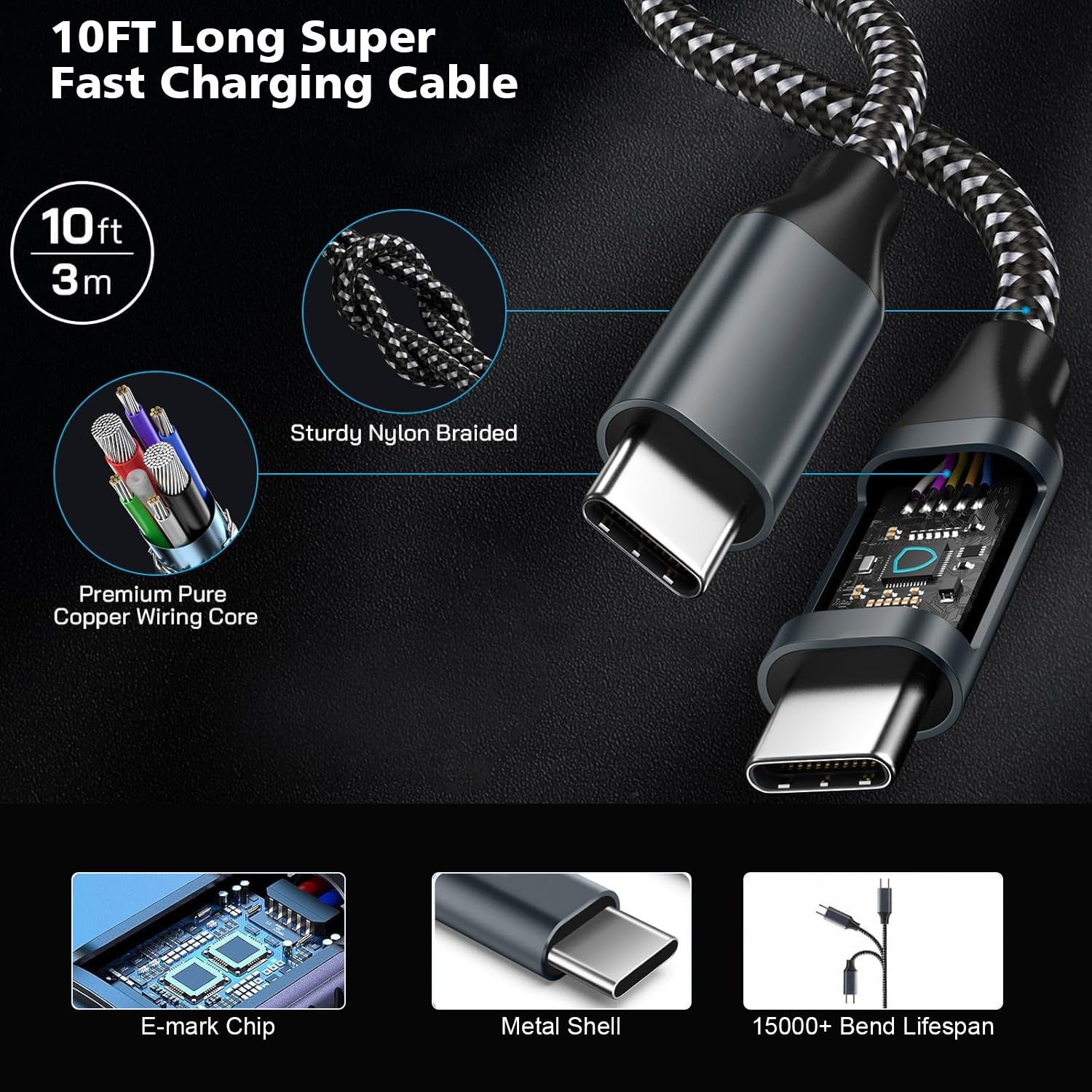 Confezione da 2 cavi di ricarica super veloci Samsung da 45 W, tipo C, 3 m, con USB C e caricabatterie Samsung, 3 m, cavo USB C-C per Sam sung Galaxy S25/S24+/Ultra/S22/S21/S20, iPhone17 Air/16/15 Pro