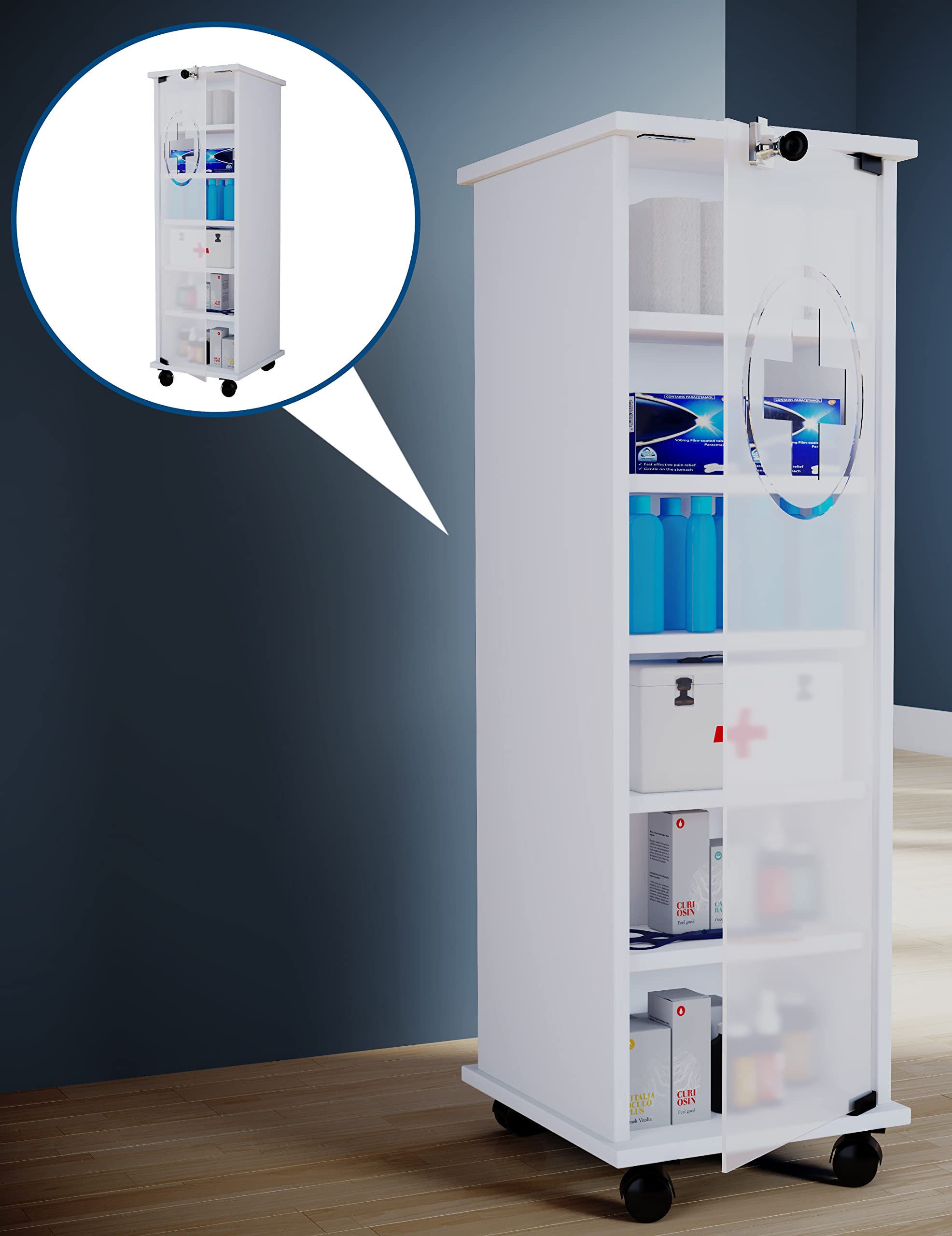 VCM Armoire à Pharmacie à Roulettes, Verrouillable Nilusa Blanc, 98 x 31 x 35 cm