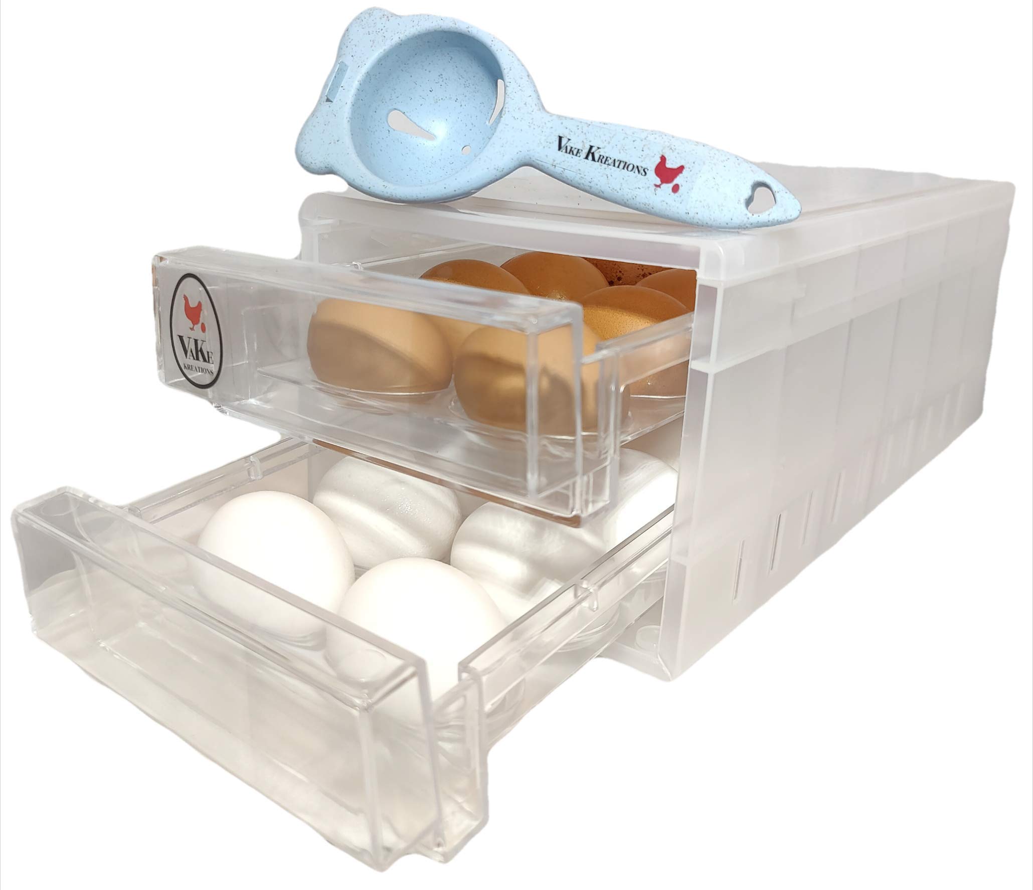 Vake Kreations Egg Tray – Egg Drawer for Refrigerator – Plastic Egg Container for Refrigerator – Fridge Egg Tray for 24 Eggs – 5.5 x 6.5 x 13-inch Double Layer Shelf for Eggs - Yolk Separator Included