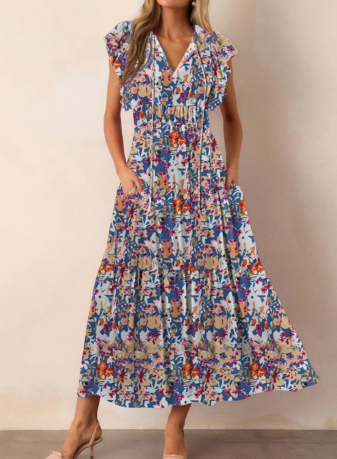 BLENCOT Womens Cotton Floral Maxi Dresses Casual Flowy Boho Dresses Summer Ruffle Short Sleeve V Neck Dress with Pockets - Image 2