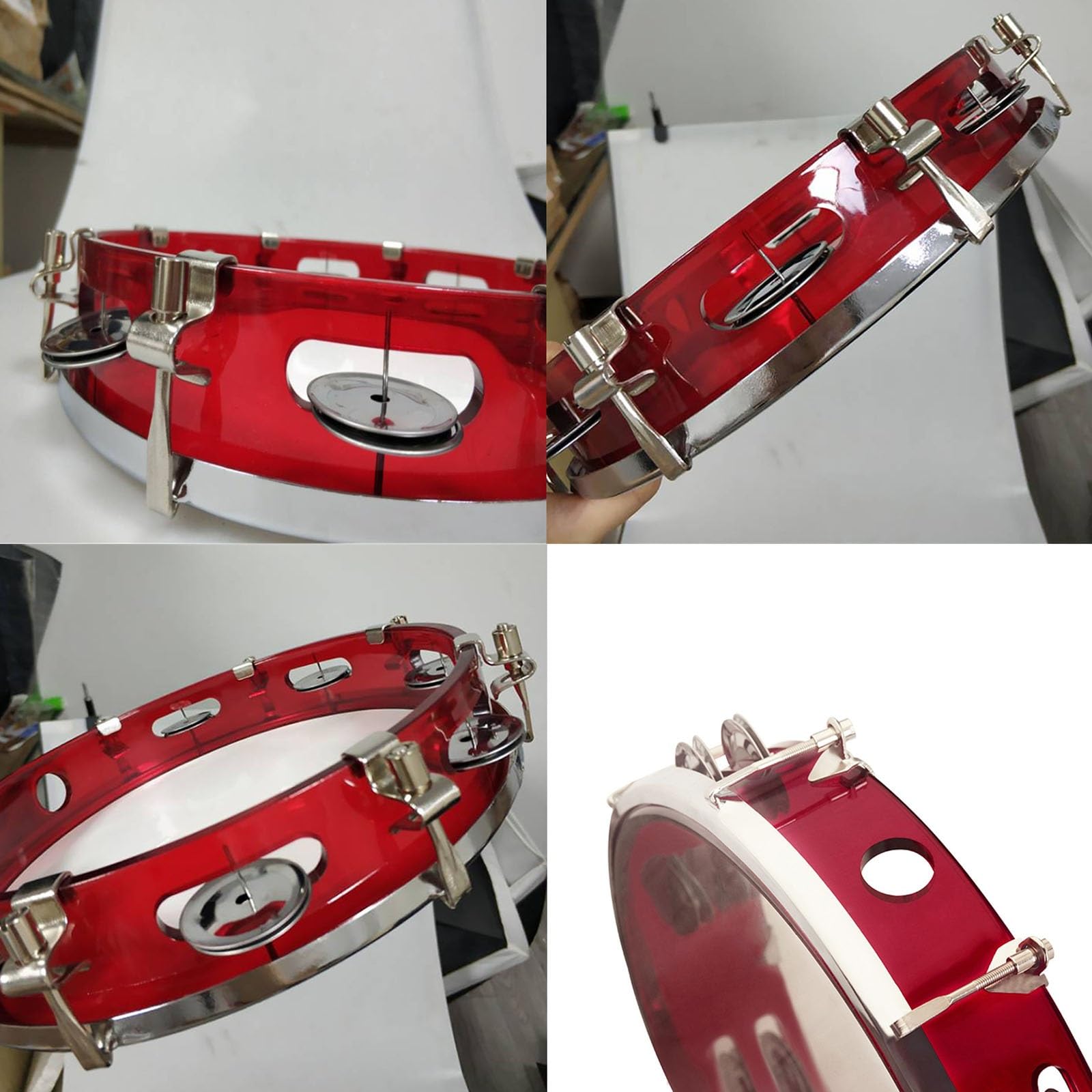 Tamburyn Dla Dorosłych Podwójny Rząd Metal Dzwonki Dzwonek Ręczny Klaśnij W Bęben Perkusja Instrument Do Kościół Musical Edukacyjny(Red)