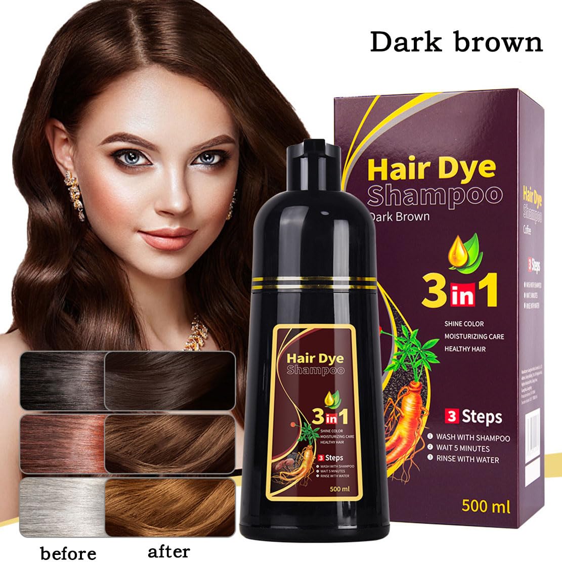 Hair Dye Shampoo 3 in 1, Multiple Colour Options, 500 ml, with