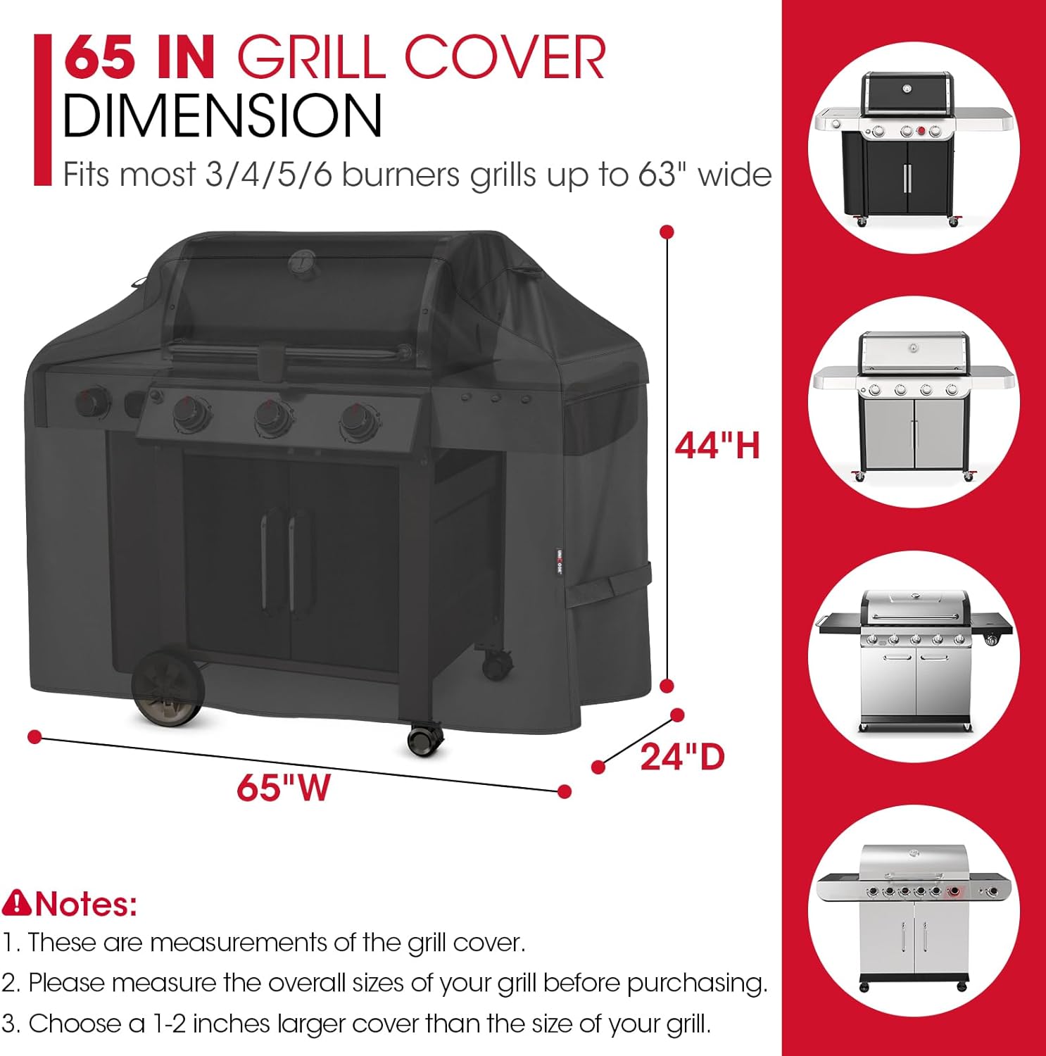 unicook grill cover 65 inch for outdoor grill, heavy duty waterproof bbq cover with side handles and air vents, weather resistant, compatible with weber charbroil nexgrill kenmore gas bbqs, black 65 inch black