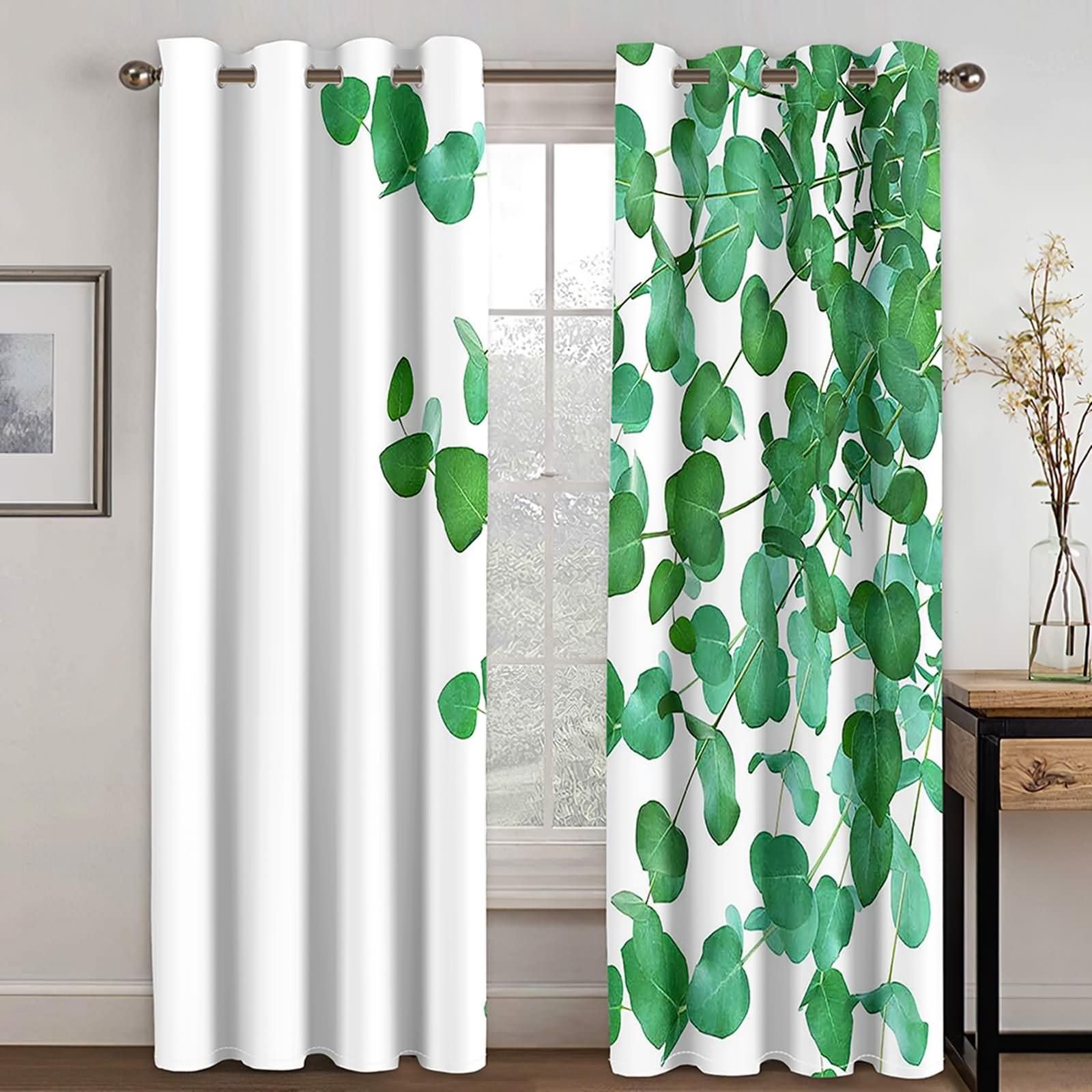 Tenda ad Occhielli Moderna,2 x 96W x 160H CM,Tende Oscuranti per Cameretta 2 Pannelli Motivo di Rami e Foglie Tenda Oscurante Verde Bianco