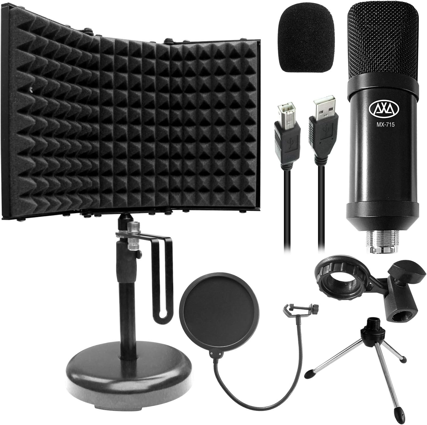AxcessAbles MX-715 USB Condenser Microphone with SF-2 Desktop Isolation Shield Bundle