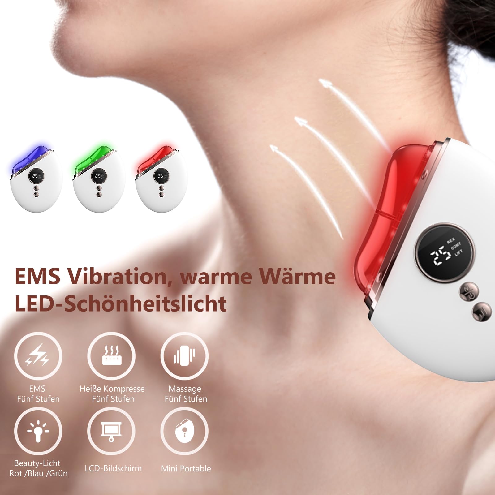 EMS Gua Sha Elektrisch, Gesichtsmassagegerät mit Wärme & Vibration & LED Blau/Grün/Rot Farbe Licht Therapie, 5 Modi Face Massager Gerät Gegen Für Gesicht Hals Anti Falten, Anti Aging, Face Lifting