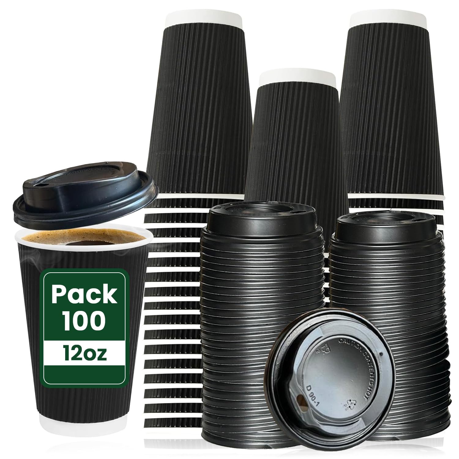 ECONX 100 X 12oz Disposable Coffee Cups with Lids Black - Durable, Strong, Leakproof Triple Wall Takeaway Coffee Cups with Lids Insulated Paper Cups for Hot & Cold Drinks, Coffee, Tea, Hot Beverage
