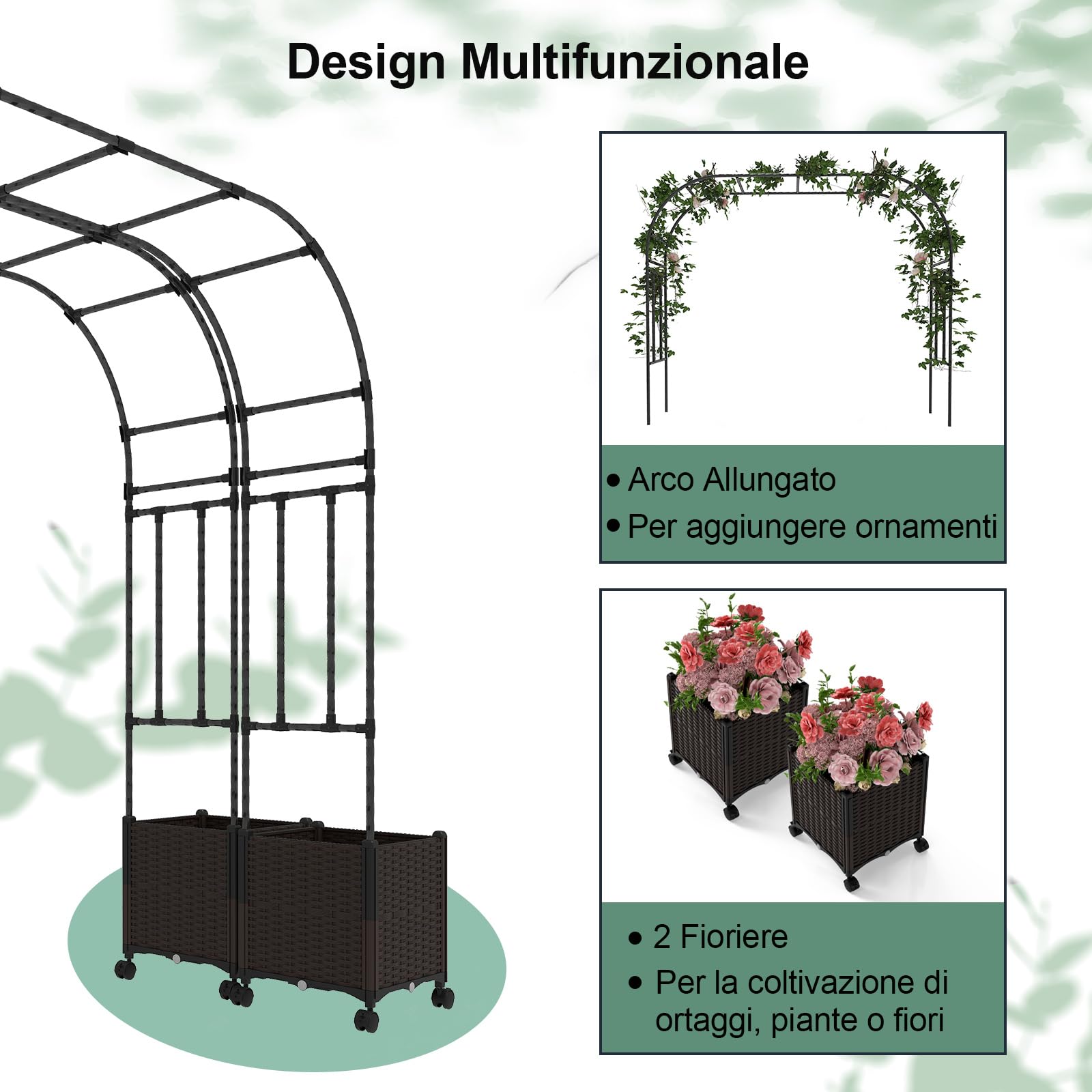 COSTWAY Arco da Giardino, Pergolato per Piante Rampicanti con 2 Fioriere, Sistema di Autoirrigazione, Fori di Drenaggio e Ruote Bloccabili, Decorazione per Matrimoni