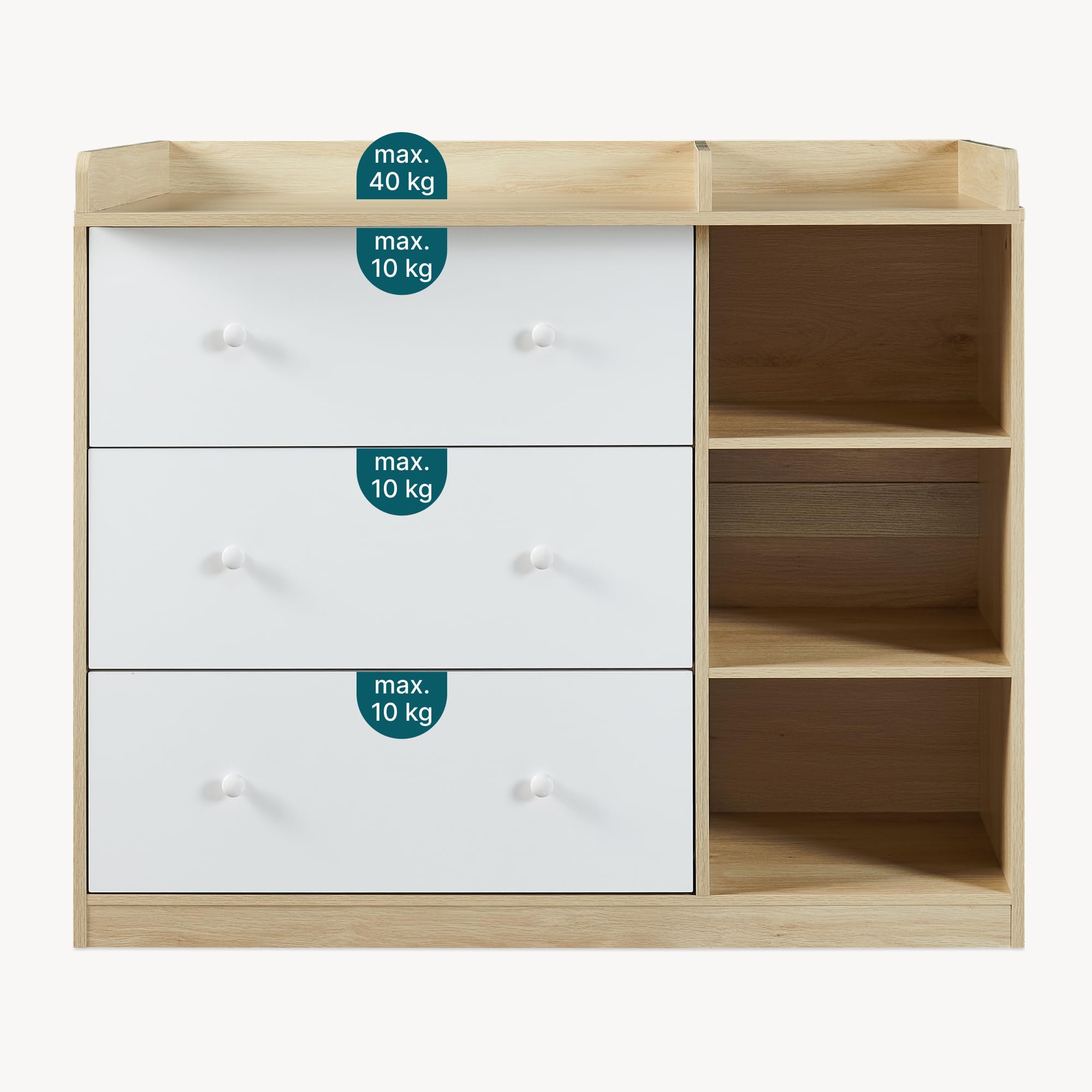 Wickelkommode Beldinupp Wickeltisch 3 Schubladen 3 Regalfächer 93 x 110 x 55 cm Eicheoptik Weiß