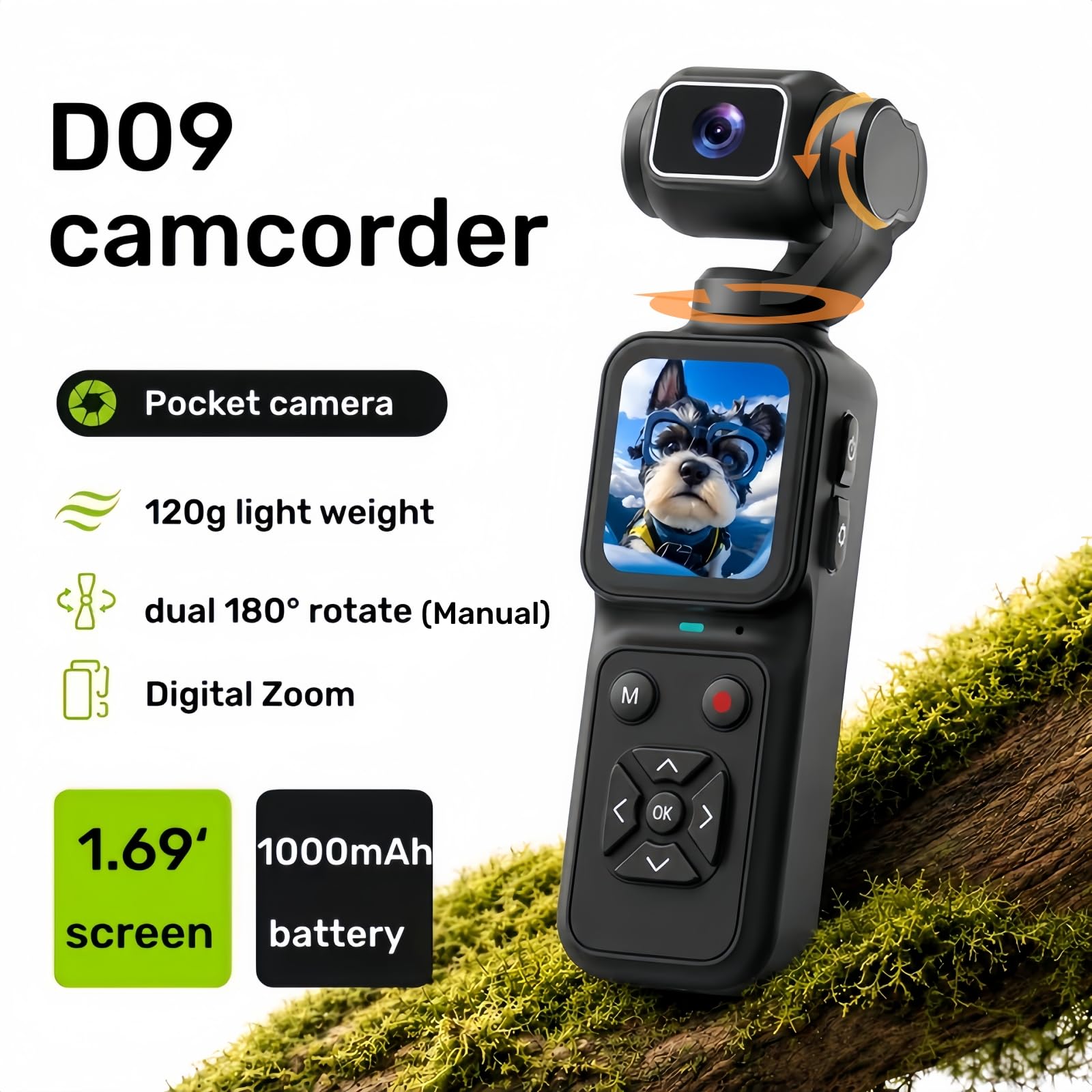 Videocamera Vlogging con Video, Pocket Action Camera, Videocamera Digitale per Fotografia, Fotocamera Digitale 180° Doppia Lente Rotante (16GB)