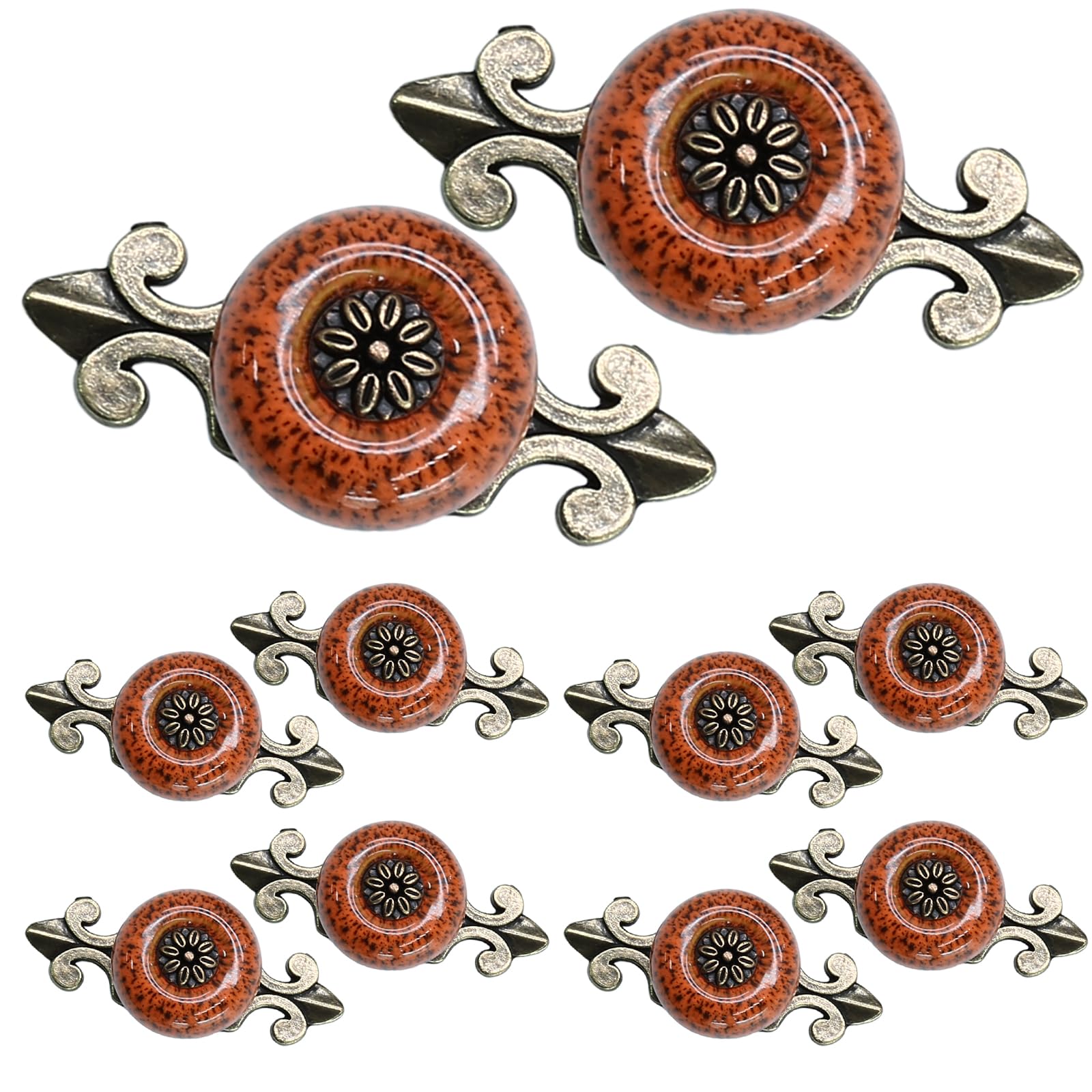 Suiwotin 10pcs Ceramic Knobs Orange with Pattern, Vintage Cabinet Knobs with Antique Bronze Back Plate, Decorative Drawer Pull Handles for Closet, Cupboard