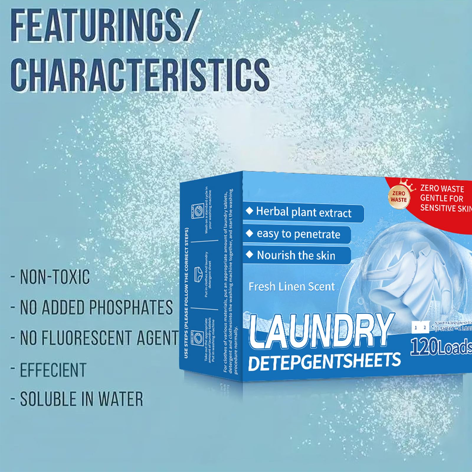 Détergent à lessive de voyage 120 charges, feuilles de savon en papier pour laver les vêtements de voyage, feuilles de nettoyage du linge avec parfum de lin frais, ingrédients naturels (3box)