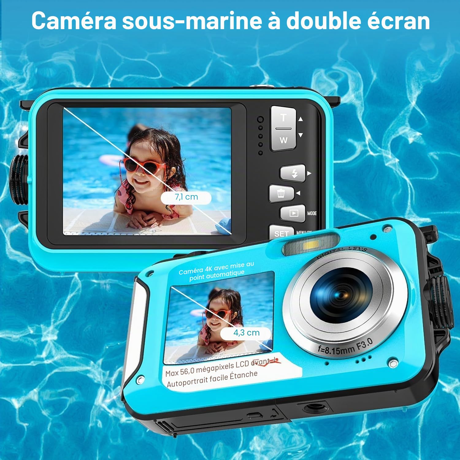Caméra sous-marine UHD 4K 56 MP Autofocus Appareil photo numérique étanche avec une carte de 32 Go Selfie Double écran Caméra étanche pour la plongée en apnée